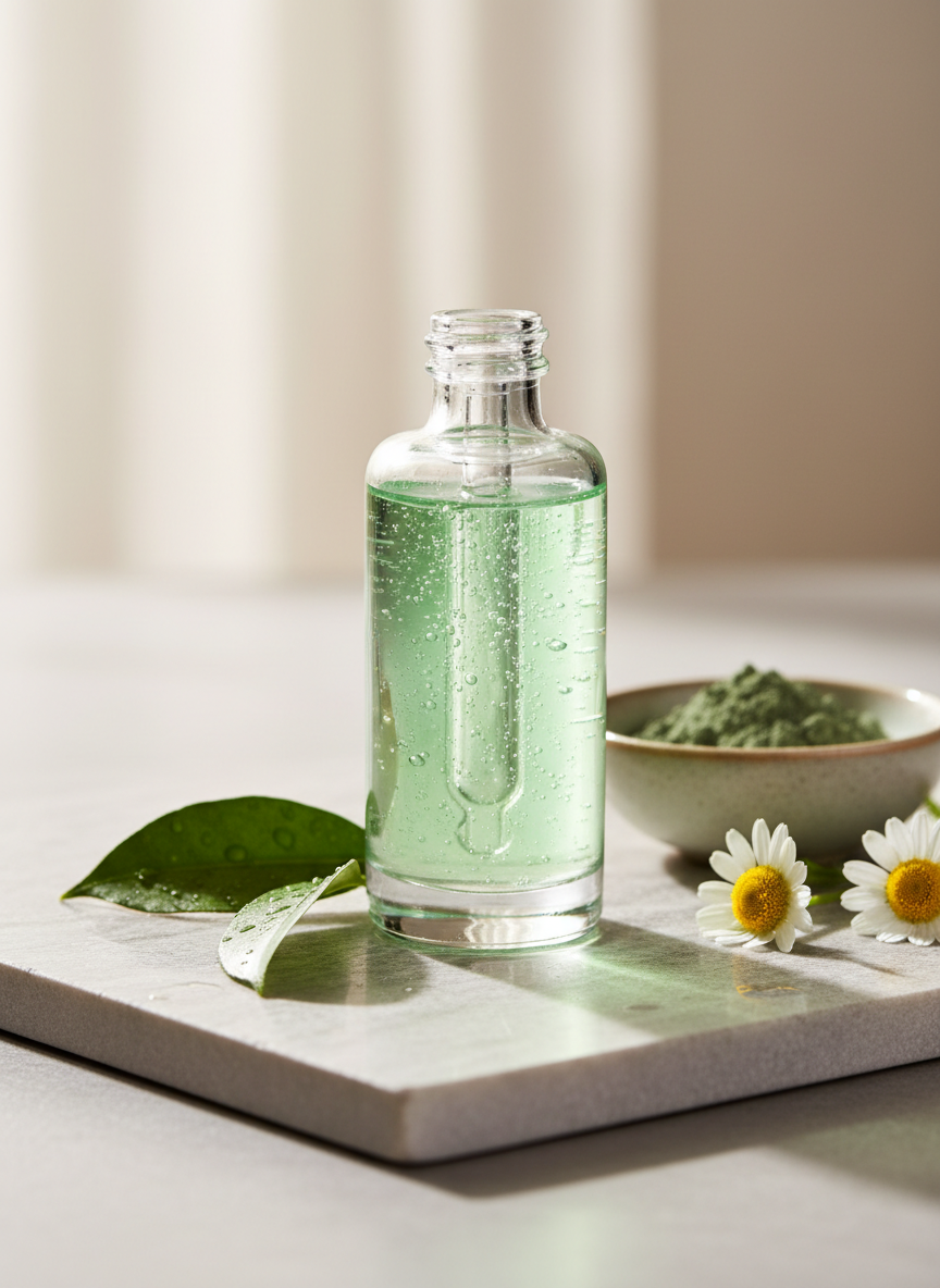 A close-up, photographic image of a clear glass serum bottle designed for acne-prone skin, filled with a light, translucent green liquid that catches the light. Tiny air bubbles are visible inside, emphasizing freshness. The bottle rests on a smooth, pale gray stone slab with subtle veining, surrounded by dew-dotted green leaves, a small bowl of finely ground clay, and a sprig of chamomile. Diffused natural daylight from a nearby window creates soft reflections on the glass and delicate, refined shadows. Captured at eye level with a shallow depth of field, the background gently blurs into a creamy neutral tone, giving a sophisticated, modern, clean skincare-lab-meets-nature mood.