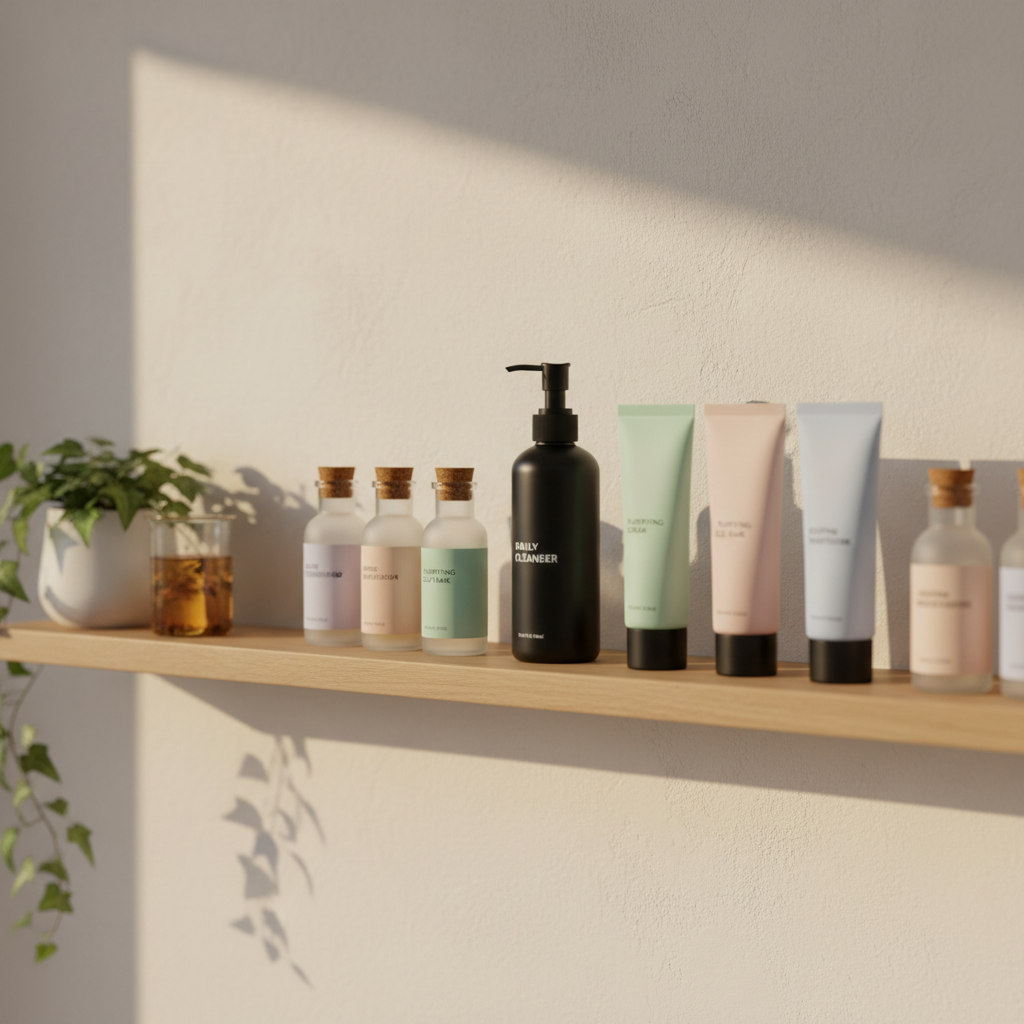 A sophisticated bathroom shelf scene showcasing a curated selection of natural skincare products for acne-prone skin. Frosted glass bottles, matte pastel tubes, and a sleek pump dispenser line a light oak floating shelf against a warm, off-white wall with a subtle plaster texture. Beside the products sits a small, clear glass beaker partially filled with herbal infusion and a single trailing vine plant in a simple white pot. Soft afternoon light filters in from an unseen window, casting elongated shadows and a gentle golden glow. Photographic realism, shot at a slight angle following the length of the shelf, with crisp focus on the central products and a gradual blur toward the edges, evoking an elevated, serene, and thoughtfully curated routine.