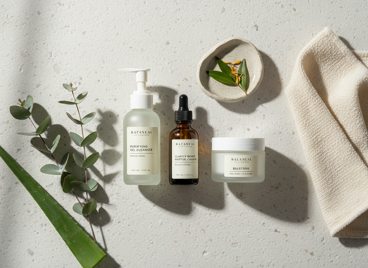 An elegant flat lay of a premium natural skincare routine for acne-prone skin, arranged on a pale stone vanity. A frosted glass cleanser bottle, amber-toned serum dropper, and soft matte cream jar with minimalist labels sit beside a folded ivory cotton face cloth and a small ceramic dish with green botanical extracts. Fresh eucalyptus sprigs and a sliced aloe leaf add subtle color. Soft morning daylight pours in from the left, creating gentle highlights on the glass and faint shadows across the stone. Photographic realism, shot from directly above with a clean, modern composition and shallow depth of field, conveying a sophisticated, calming, spa-like atmosphere suitable for a luxury skincare brand homepage hero image.